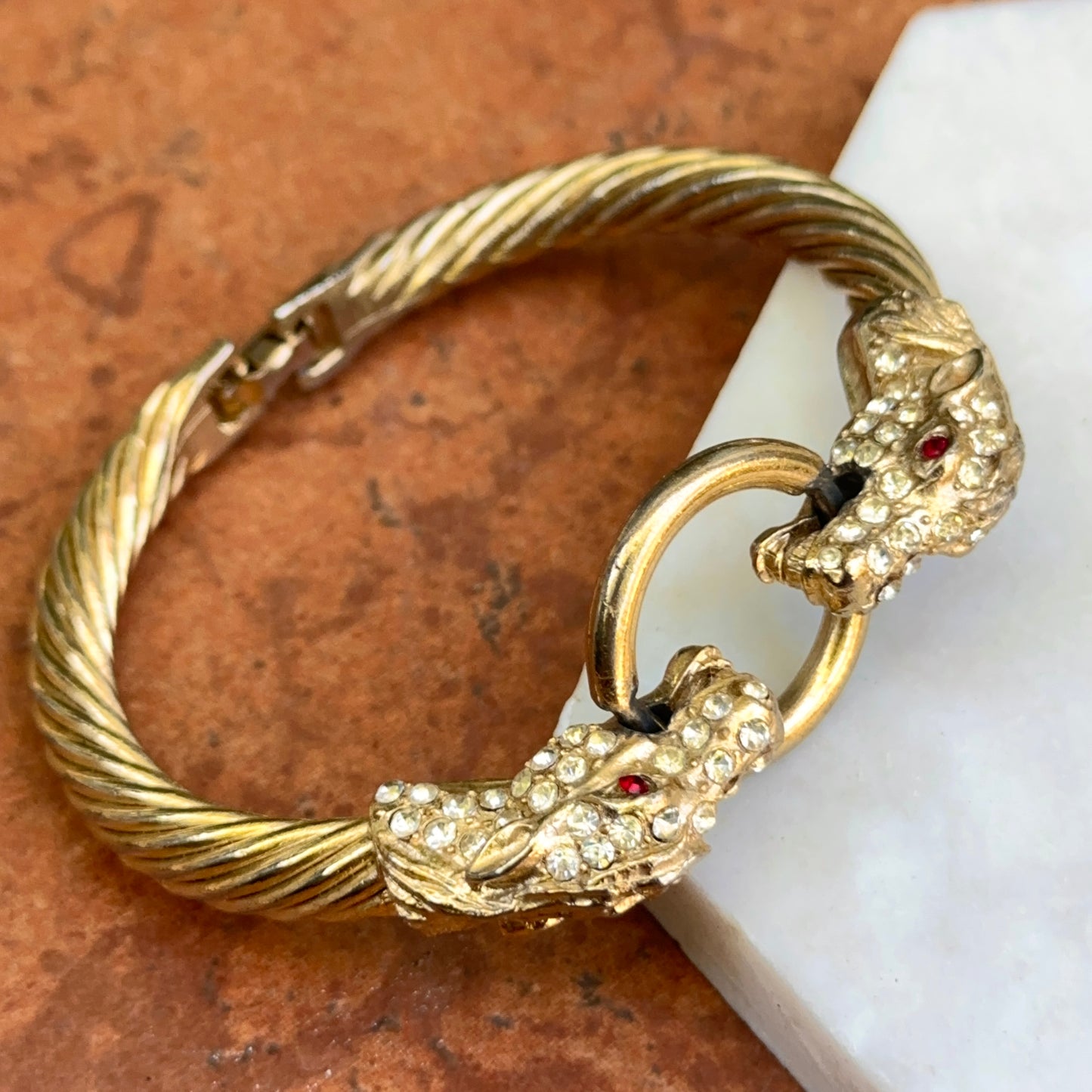 Estate Gold-Tone Double Horse Head + Ring Bangle with White + Red Stones Bracelet
