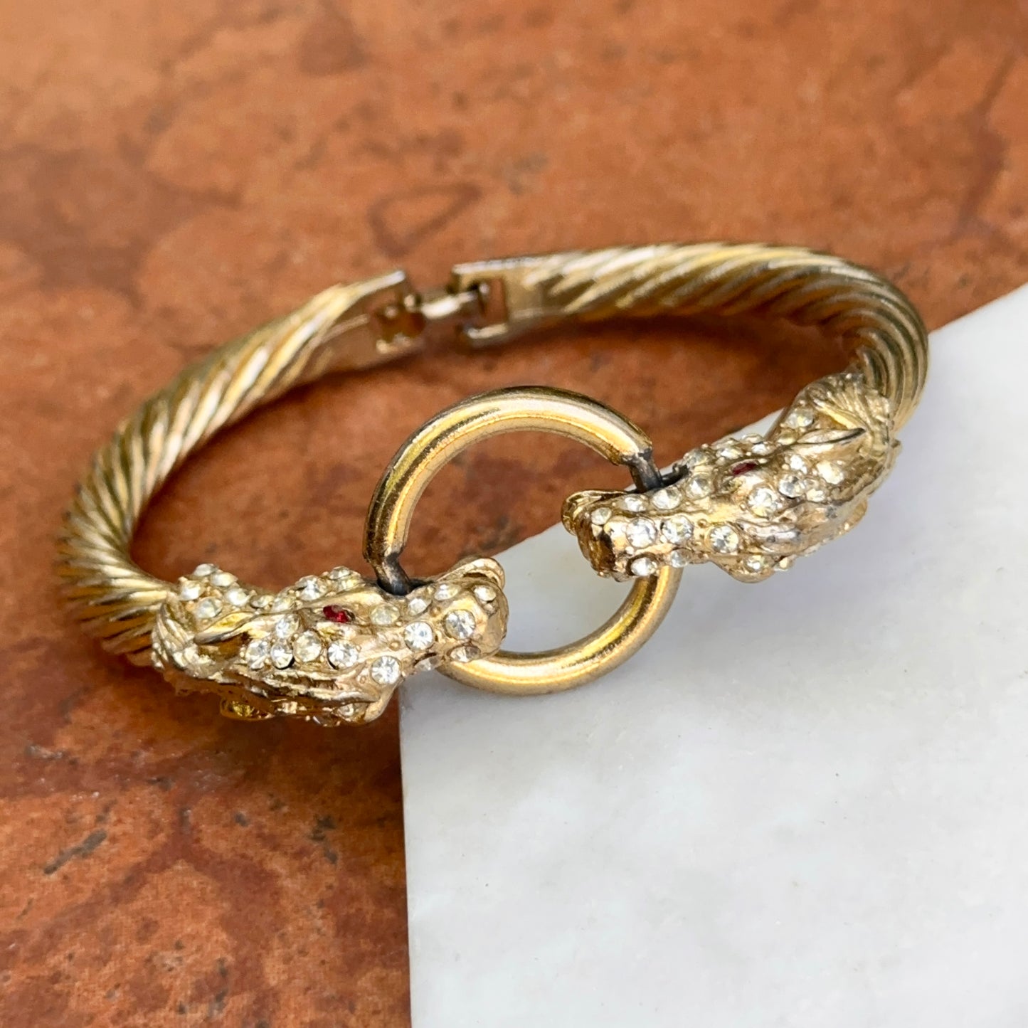 Estate Gold-Tone Double Horse Head + Ring Bangle with White + Red Stones Bracelet