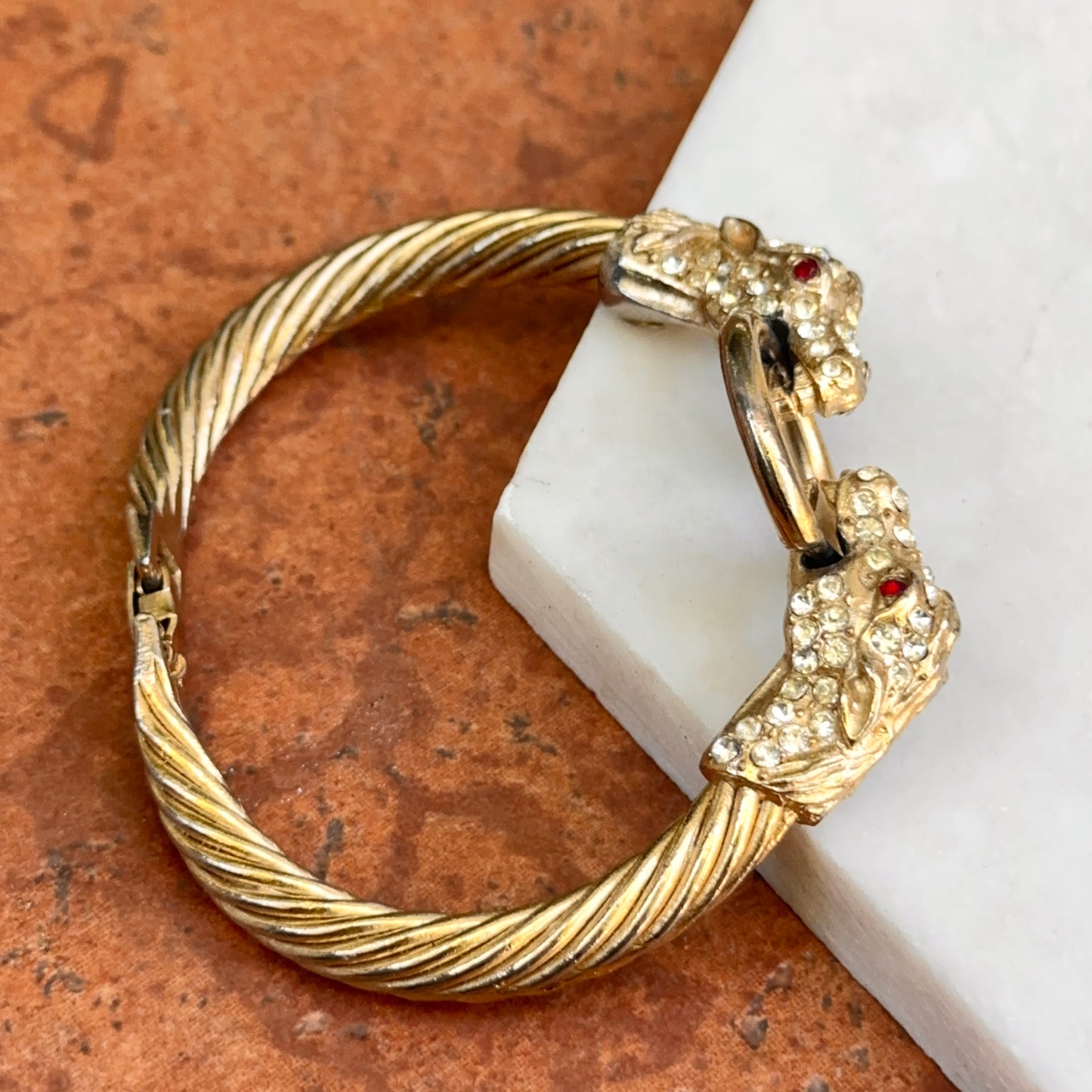 Estate Gold-Tone Double Horse Head + Ring Bangle with White + Red Stones Bracelet