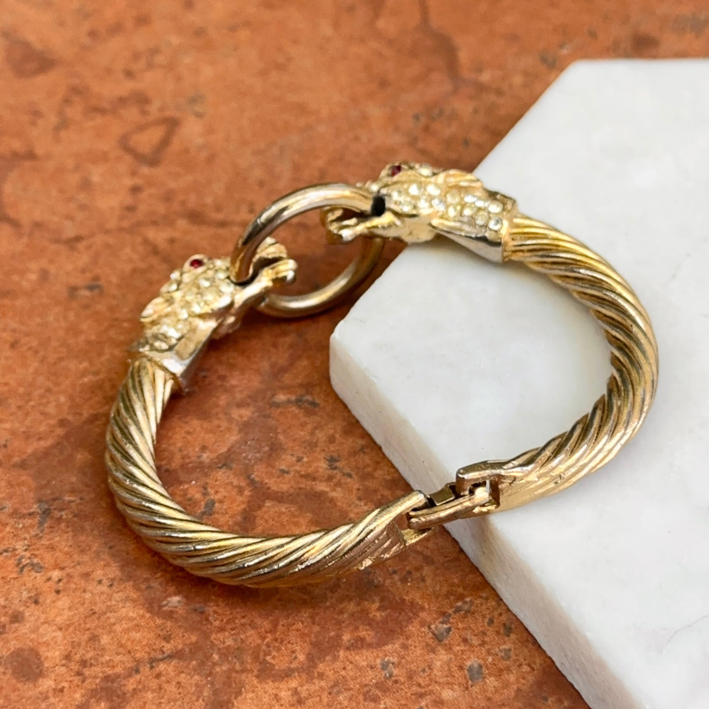 Estate Gold-Tone Double Horse Head + Ring Bangle with White + Red Stones Bracelet