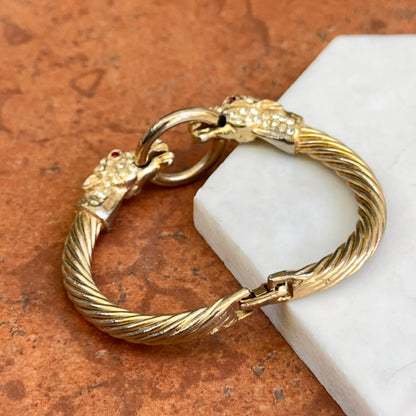 Estate Gold-Tone Double Horse Head + Ring Bangle with White + Red Stones Bracelet