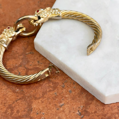 Estate Gold-Tone Double Horse Head + Ring Bangle with White + Red Stones Bracelet