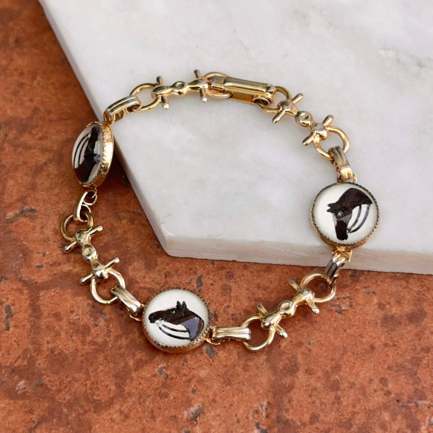 Estate Gold-Tone Round Bubble Glass Hand Painted Horse + Bit Bracelet