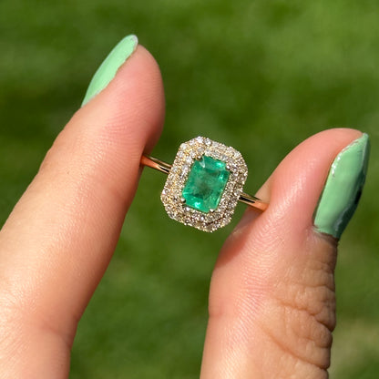 Estate 14KT Yellow Gold Emerald-Cut Emerald + Round Diamond Double Halo Ring