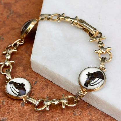 Estate Gold-Tone Round Bubble Glass Hand Painted Horse + Bit Bracelet