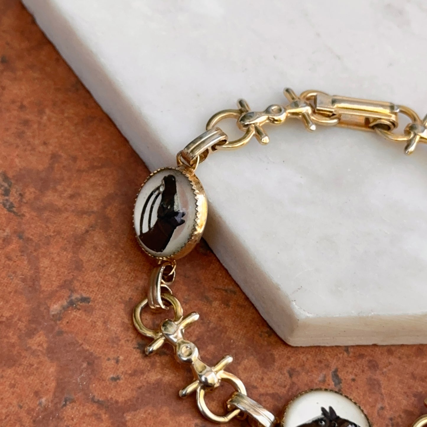 Estate Gold-Tone Round Bubble Glass Hand Painted Horse + Bit Bracelet