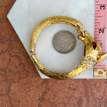 Estate Gold-Tone 3D Horse Bangle Bracelet with Clear White and Red Stones
