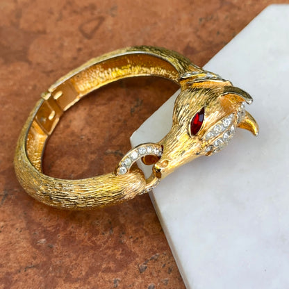 Estate Gold-Tone 3D Horse Bangle Bracelet with Clear White and Red Stones