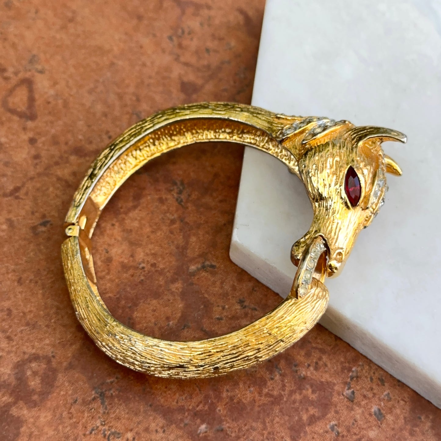 Estate Gold-Tone 3D Horse Bangle Bracelet with Clear White and Red Stones