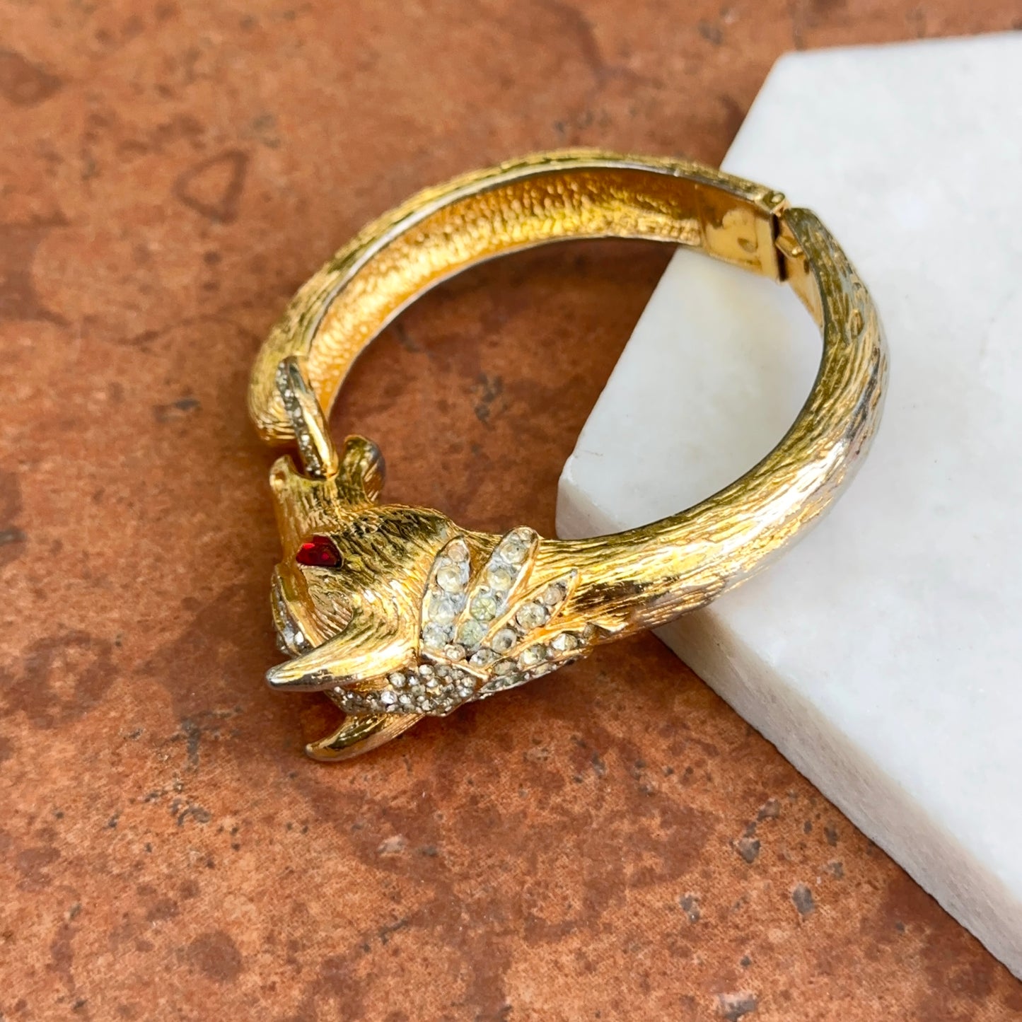 Estate Gold-Tone 3D Horse Bangle Bracelet with Clear White and Red Stones