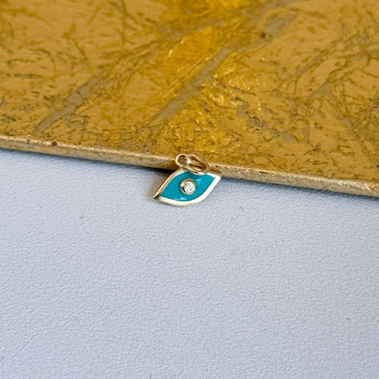 14KT Yellow Gold Blue Enamel CZ Evil Eye Pendant Charm