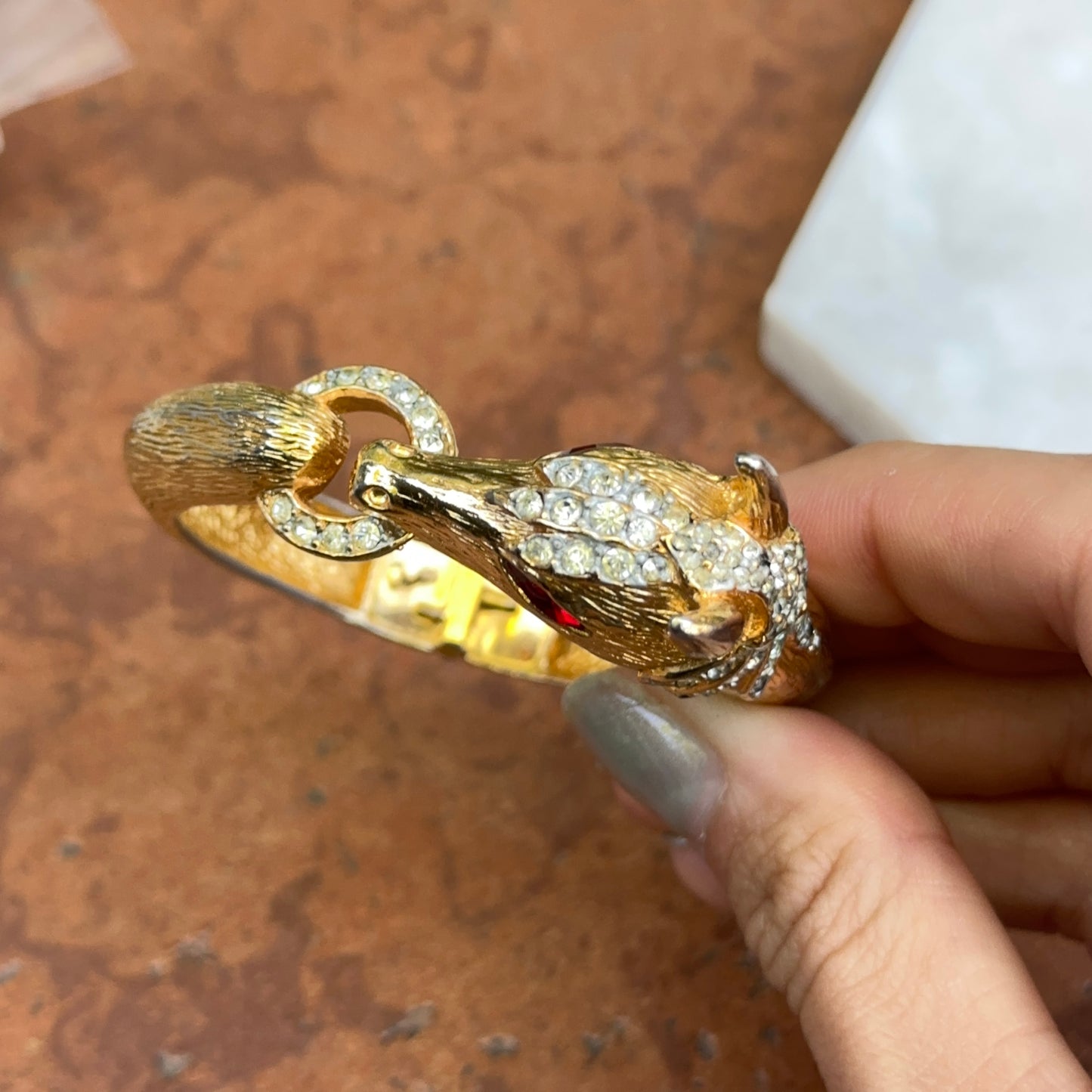 Estate Gold-Tone 3D Horse Bangle Bracelet with Clear White and Red Stones