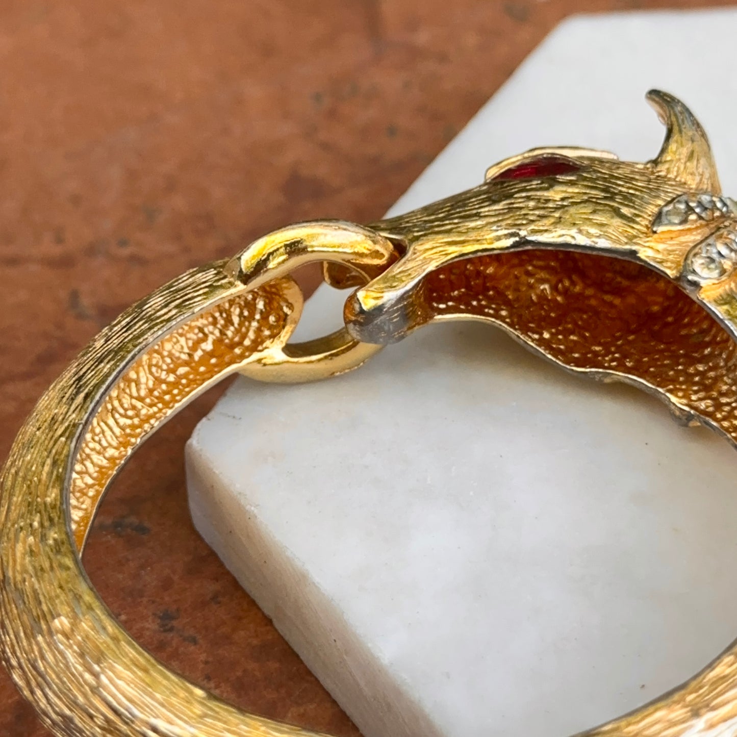 Estate Gold-Tone 3D Horse Bangle Bracelet with Clear White and Red Stones