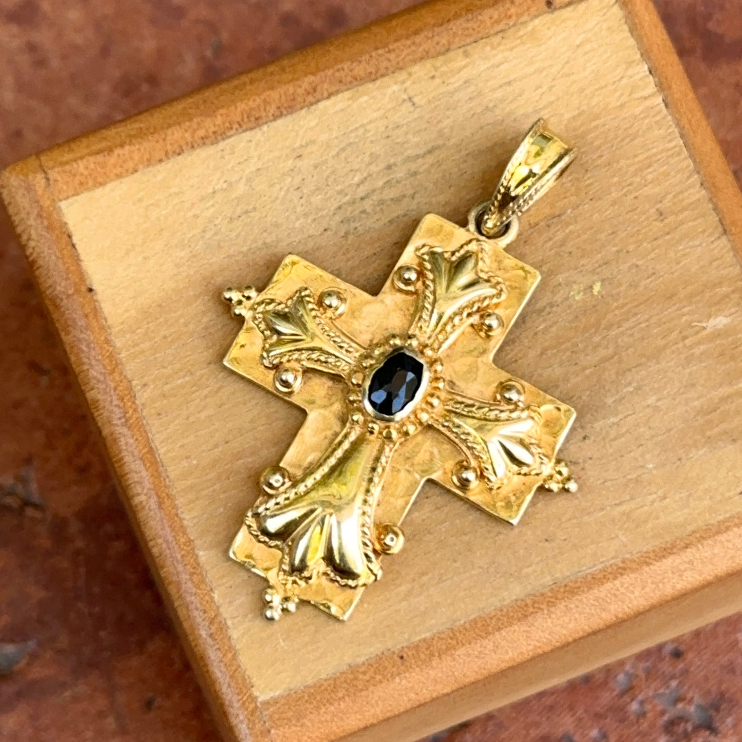 Estate 14KT Yellow Gold Byzantine Blue Sapphire Cross Pendant