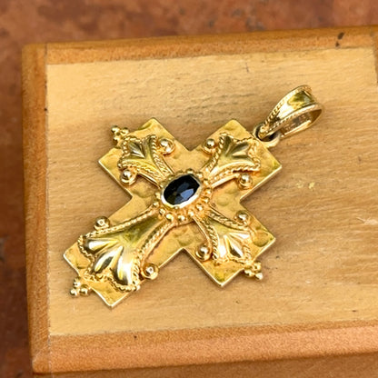 Estate 14KT Yellow Gold Byzantine Blue Sapphire Cross Pendant
