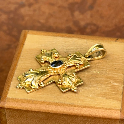 Estate 14KT Yellow Gold Byzantine Blue Sapphire Cross Pendant