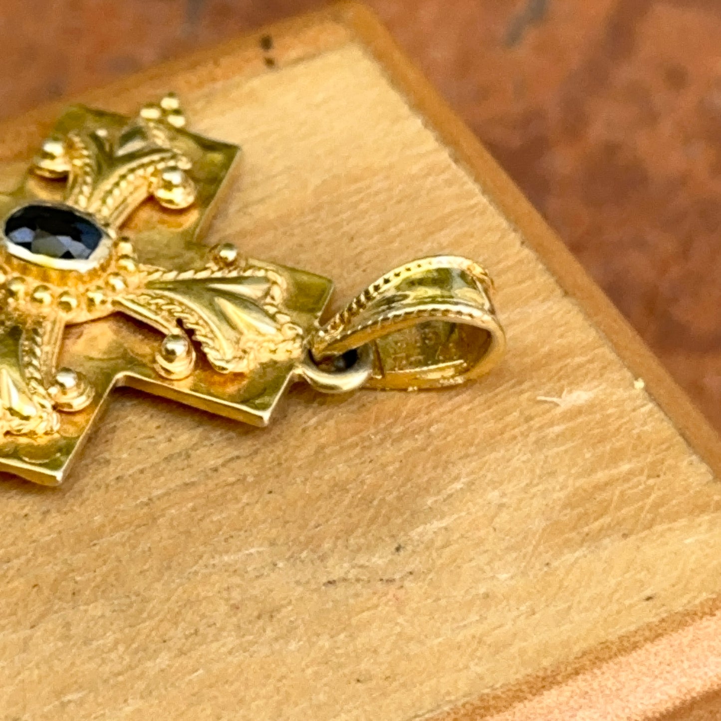 Estate 14KT Yellow Gold Byzantine Blue Sapphire Cross Pendant