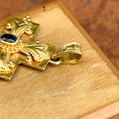 Estate 14KT Yellow Gold Byzantine Blue Sapphire Cross Pendant