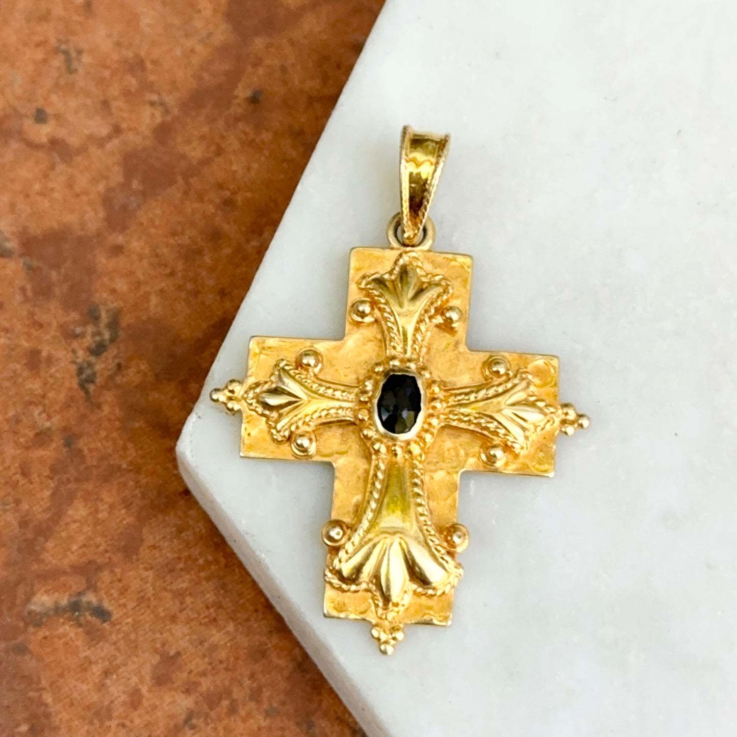 Estate 14KT Yellow Gold Byzantine Blue Sapphire Cross Pendant
