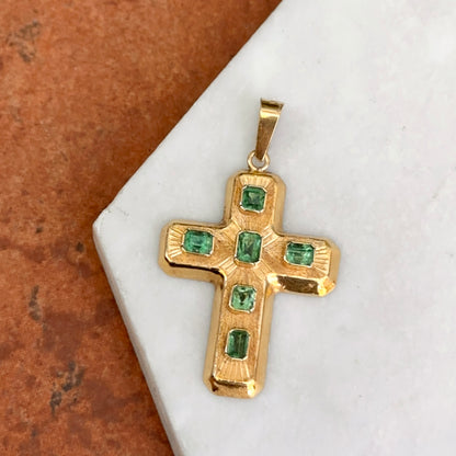 Estate 18KT Yellow Gold Puffed Emerald Cross Pendant 35mm