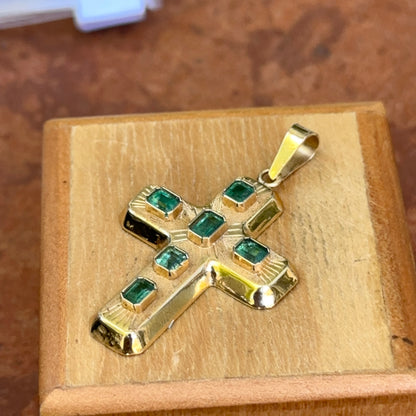 Estate 18KT Yellow Gold Puffed Emerald Cross Pendant 35mm