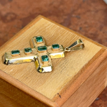 Estate 18KT Yellow Gold Puffed Emerald Cross Pendant 35mm