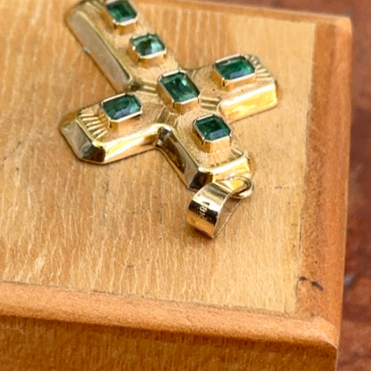 Estate 18KT Yellow Gold Puffed Emerald Cross Pendant 35mm