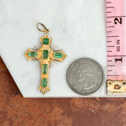 Estate 18KT Yellow Gold Emerald Ornate Cross Pendant 45mm