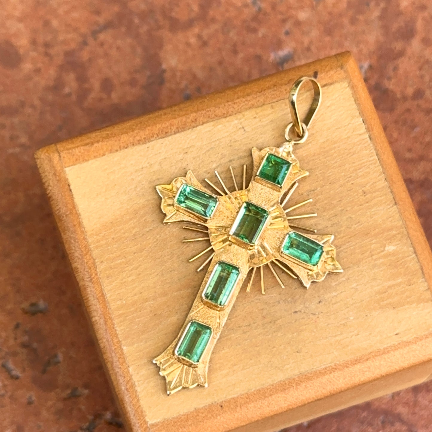 Estate 18KT Yellow Gold Emerald Ornate Cross Pendant 45mm