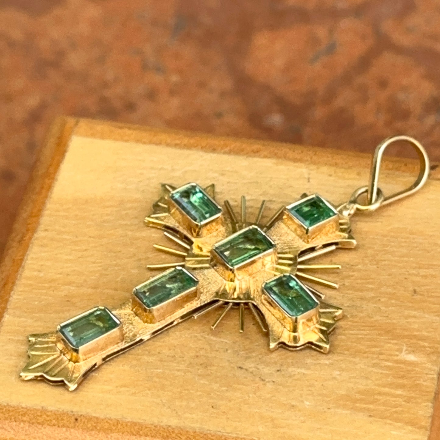 Estate 18KT Yellow Gold Emerald Ornate Cross Pendant 45mm