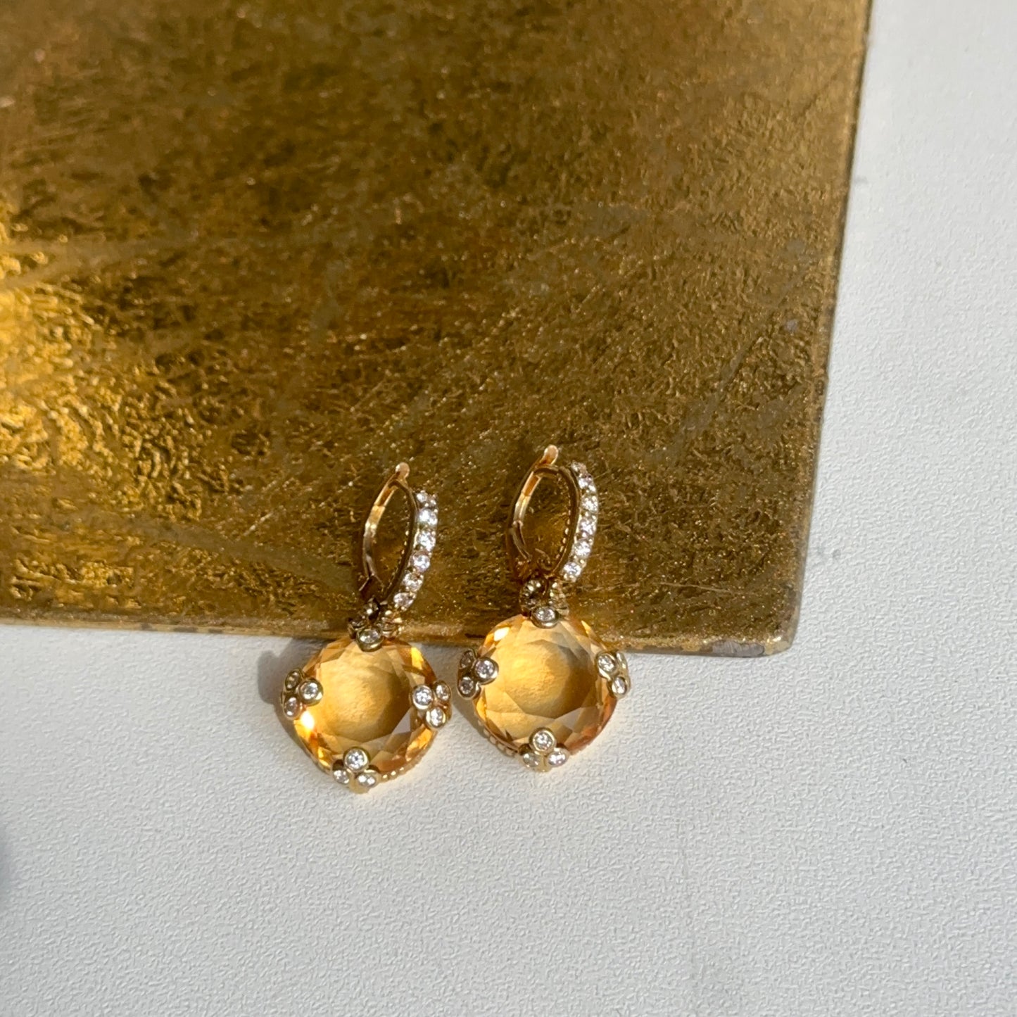 Estate 18KT Yellow Gold Checkerboard Citrine + Diamond Huggie Hoop Charm Earrings