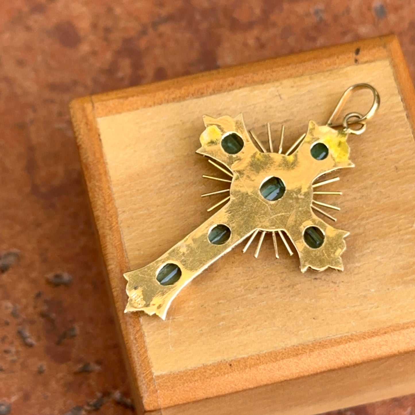Estate 18KT Yellow Gold Emerald Ornate Cross Pendant 45mm