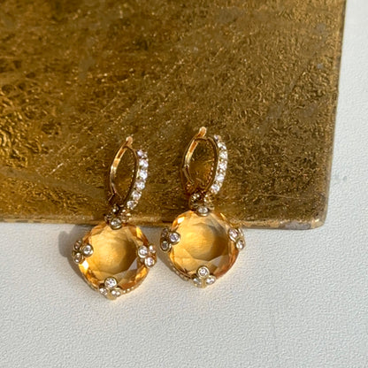 Estate 18KT Yellow Gold Checkerboard Citrine + Diamond Huggie Hoop Charm Earrings