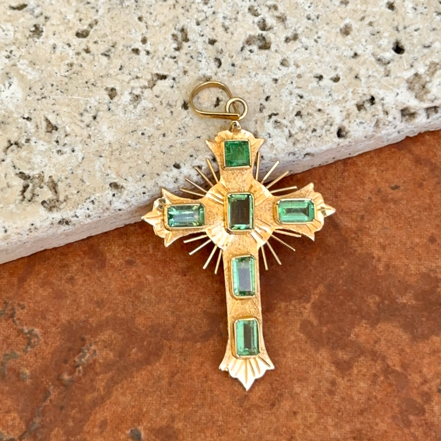 Estate 18KT Yellow Gold Emerald Ornate Cross Pendant 45mm