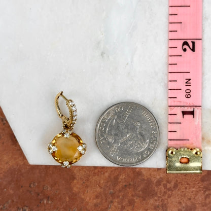 Estate 18KT Yellow Gold Checkerboard Citrine + Diamond Huggie Hoop Charm Earrings