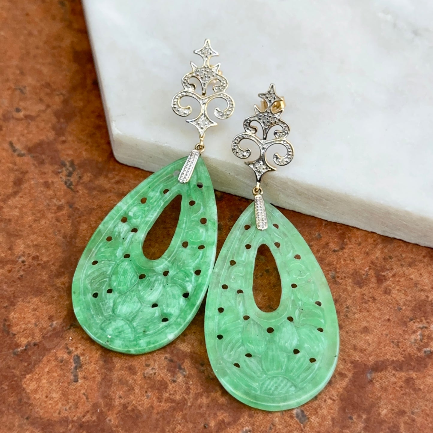 Estate 14KT Yellow Gold Carved Jade + Diamond Dangle Drop Earrings