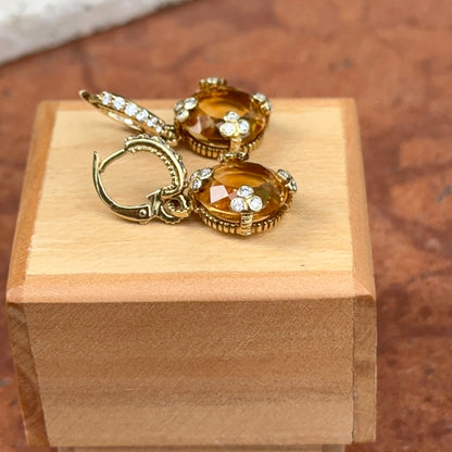 Estate 18KT Yellow Gold Checkerboard Citrine + Diamond Huggie Hoop Charm Earrings