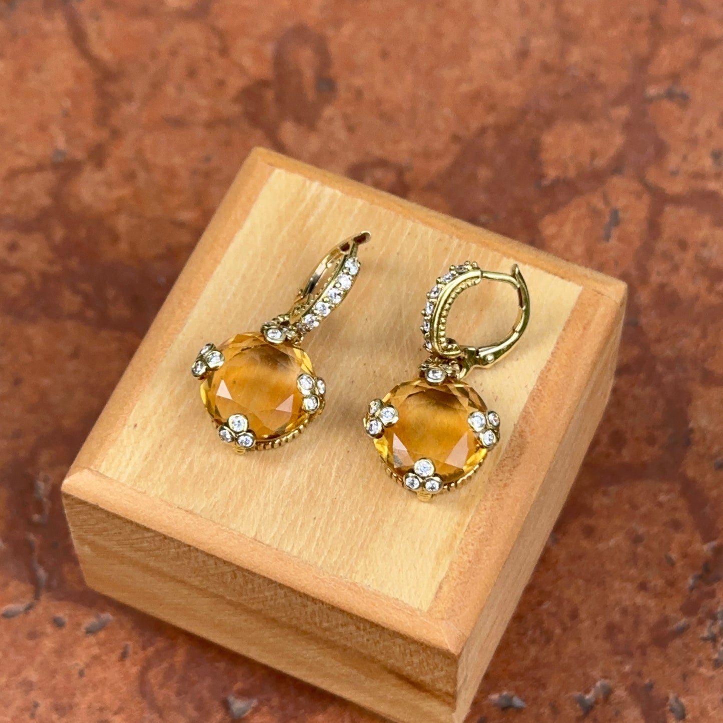 Estate 18KT Yellow Gold Checkerboard Citrine + Diamond Huggie Hoop Charm Earrings