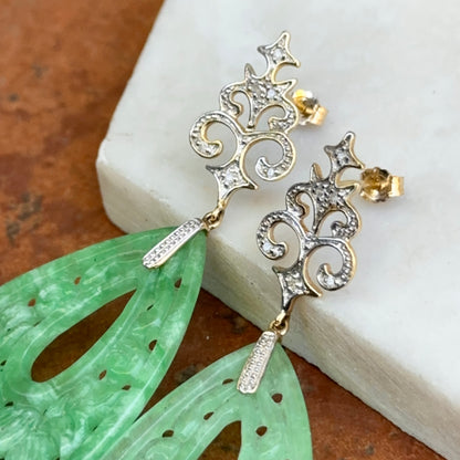 Estate 14KT Yellow Gold Carved Jade + Diamond Dangle Drop Earrings