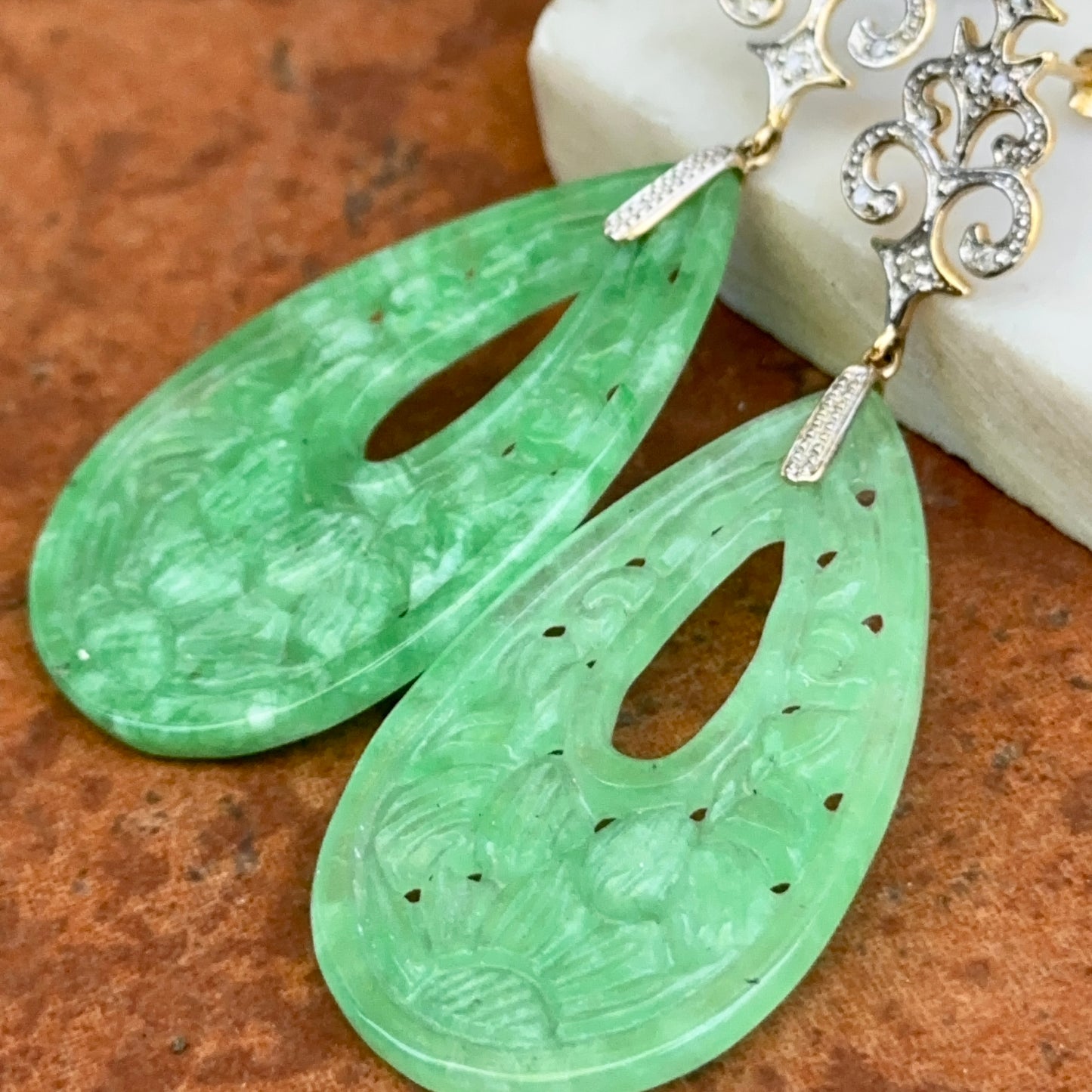 Estate 14KT Yellow Gold Carved Jade + Diamond Dangle Drop Earrings