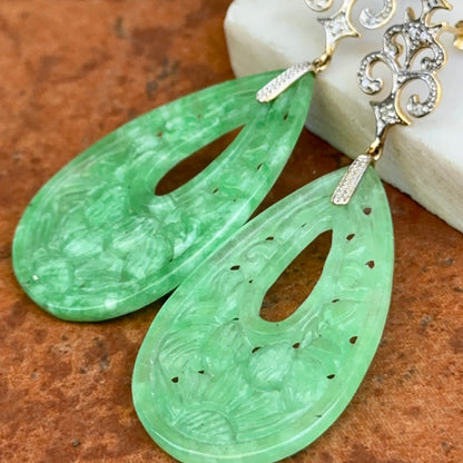 Estate 14KT Yellow Gold Carved Jade + Diamond Dangle Drop Earrings