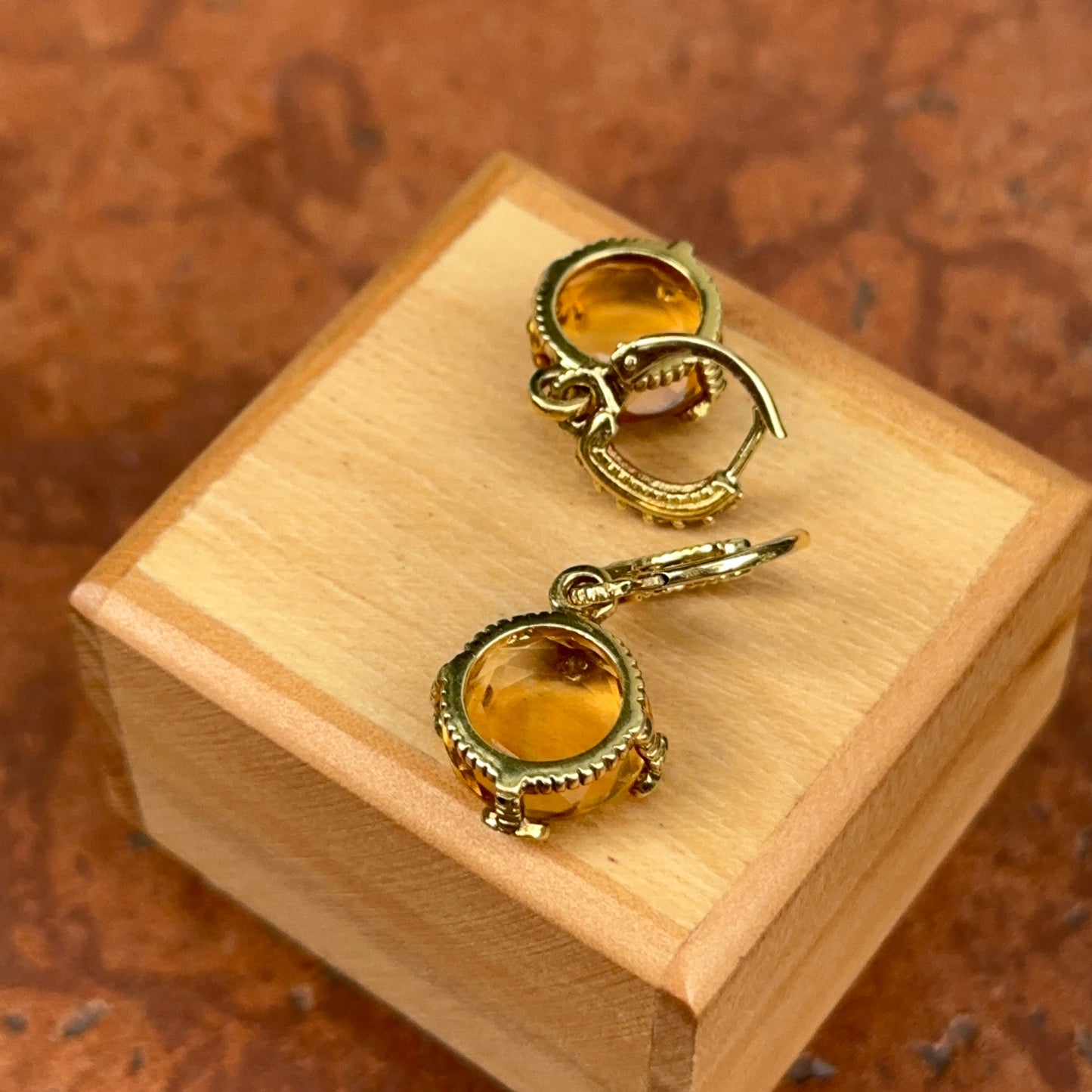 Estate 18KT Yellow Gold Checkerboard Citrine + Diamond Huggie Hoop Charm Earrings