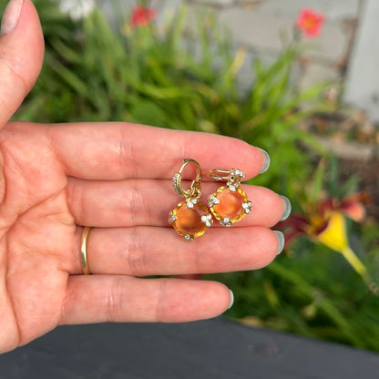 Estate 18KT Yellow Gold Checkerboard Citrine + Diamond Huggie Hoop Charm Earrings