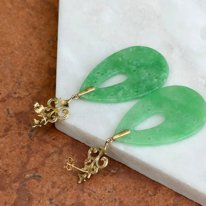 Estate 14KT Yellow Gold Carved Jade + Diamond Dangle Drop Earrings