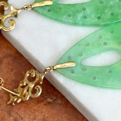 Estate 14KT Yellow Gold Carved Jade + Diamond Dangle Drop Earrings