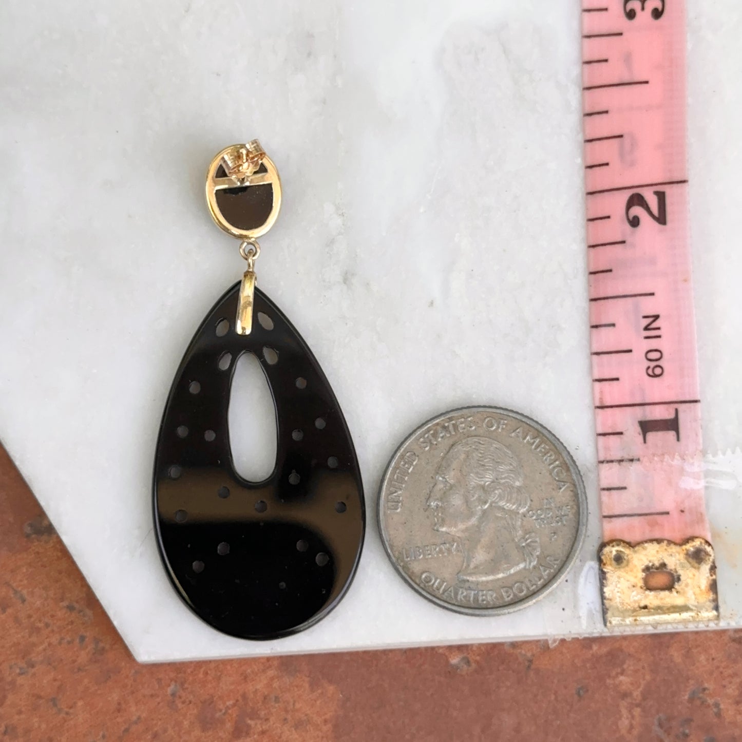 Estate 14KT Yellow Gold Teardrop Carved Onyx Dangle Earrings