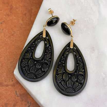 Estate 14KT Yellow Gold Teardrop Carved Onyx Dangle Earrings