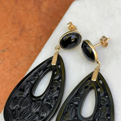 Estate 14KT Yellow Gold Teardrop Carved Onyx Dangle Earrings