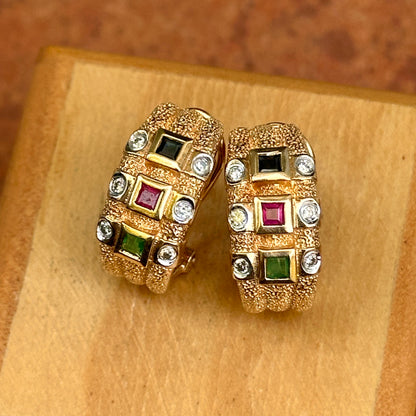 Estate 14KT Yellow Gold Diamond + Emerald, Sapphire, Ruby Half-Hoop Earrings