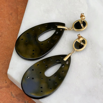 Estate 14KT Yellow Gold Teardrop Carved Onyx Dangle Earrings